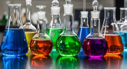 Assortment of colorful laboratory glassware filled with vibrant chemical solutions sits ready for scientific research
