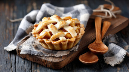 Gourmet tart with intricate lattice patterns sits on rustic wooden board, accompanied by wooden spoons and checkered cloth, creating cozy and inviting atmosphere