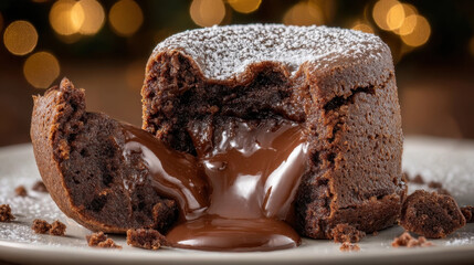 Molten chocolate cake with rich, gooey center is dusted with powdered sugar, creating tempting dessert. warm chocolate oozes out, inviting indulgence and delight