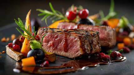 Plated gourmet steak with vibrant sides and glossy sauce creates elegant and appetizing presentation. dish features colorful vegetables and fresh herbs, enhancing its visual appeal