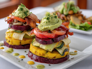 Vibrant vegan dish featuring stacked layers of colorful vegetables, including beets, squash, and zucchini, topped with creamy avocado and garnished with herbs, creating visually appealing