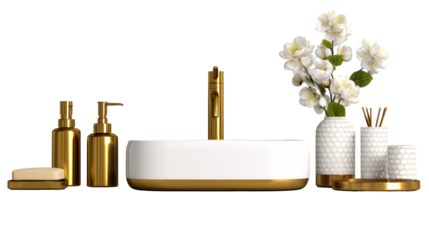 Luxurious golden soap dispenser set and a modern white vessel sink with a golden faucet, accented by white flowers in decorative vases for upscale bathroom decor, ideal for luxury interior