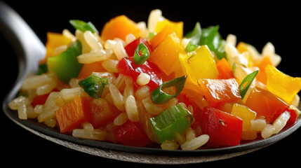 Spoonful of colorful risotto with vibrant vegetables, including red, yellow, and green peppers, creates fresh and appetizing dish. glossy texture and bright colors enhance its appeal