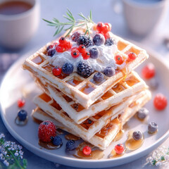 Stack of waffles topped with whipped cream and berries, drizzled with syrup, creates delightful breakfast scene. vibrant colors of berries add fresh and appetizing touch