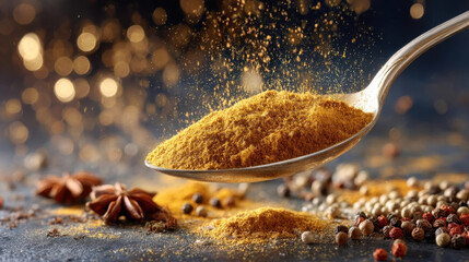 Spoonful of vibrant curry powder with visible herbs and spices creates warm and aromatic atmosphere, perfect for enhancing culinary dishes