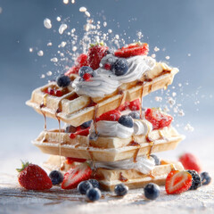 Stack of waffles topped with whipped cream and berries, drizzled with syrup, creates delicious and inviting scene. vibrant strawberries, blueberries, and raspberries add fresh touch