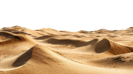 Expansive desert landscape featuring undulating sand dunes with rippled textures under a bright sky, ideal for conveying themes of travel and nature.