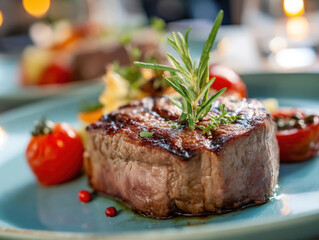 Grilled steak garnished with rosemary and served with colorful vegetables on blue plate, creating vibrant and appetizing presentation