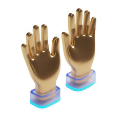 Glossy 3D pair of raised hands in metallic gold with blue base glow, isolated on transparent background for applause, participation, support actions, celebration states, and UI reactions.