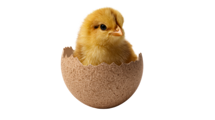 Adorable fluffy yellow chick emerging from a textured eggshell, symbolizing new beginnings and springtime, perfect for Easter and nature related projects.