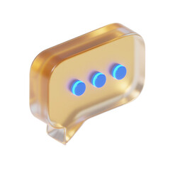 Glossy 3D chat bubble icon with three dots in metallic gold and blue accents, isolated on transparent background for messaging, typing indicators, conversations, and UI communication elements.