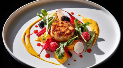 Beautifully plated seared scallop dish features vibrant colors with fresh greens, radishes, and berries, elegantly arranged on white plate with smooth sauce