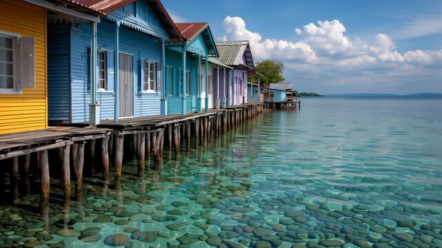Colorful wooden houses on stilts by the clear water, showcasing vibrant reflections and serene surroundings, capturing the tranquil beauty of lakeside living with copy space