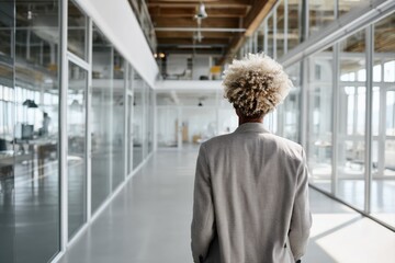 Rear view of female business professional in modern glass office corridor representing corporate diversity and workplace leadership  