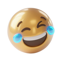 Glossy 3D laughing emoji face with tears in metallic gold and blue accents, isolated on transparent background for reactions, humor, social engagement, chat messages, and UI stickers.