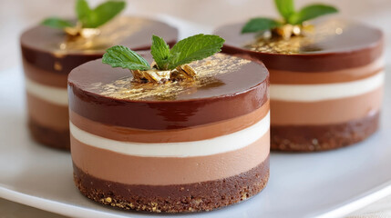 Elegant layered chocolate mousse cakes with glossy top, garnished with gold leaf and fresh mint, sit on white plate. rich textures and luxurious presentation create sense of indulgence
