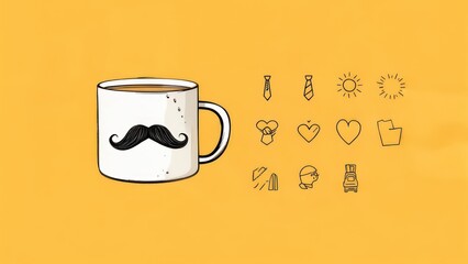 Hand-drawn mug with mustache design, coffee inside, surrounded by small related icons on a yellow backdrop