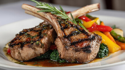 Grilled lamb chops with rosemary served on bed of sauteed spinach and colorful bell peppers, creating vibrant and appetizing dish