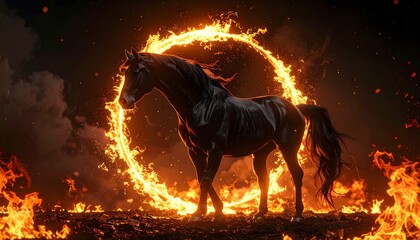 Obraz premium Majestic Black Horse Standing Proudly Within a Fiery Ring Amidst Flames