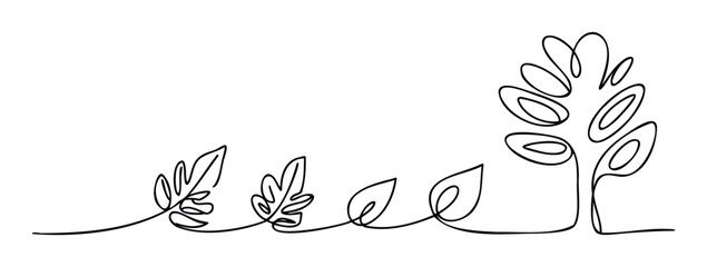 Continuous line drawing of growing leaves transforming into a tree symbolizing growth and nature progression used for organic themes and environmental concepts.