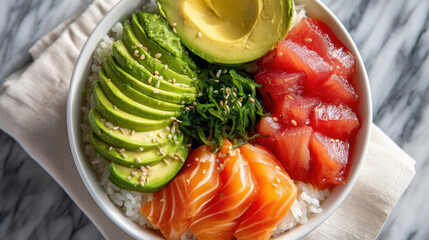 Vibrant poke bowl with fresh salmon, tuna, avocado, and seaweed on bed of rice, garnished with sesame seeds, offers colorful and appetizing presentation