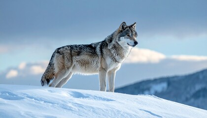 Obraz premium A magnificent gray wolf stands proudly atop a snow-covered peak, its gaze fixed on the expansive, frozen wilderness, embodying strength and the untamed spirit of winter
