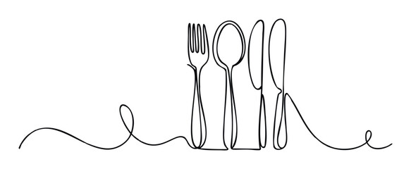 Continuous line drawing of fork spoon and knife symbolizing food dining and restaurant services representing culinary preparation and meals in a simple graphic style