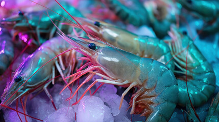 Fresh shrimp displayed on ice under vibrant lighting, showcasing their natural colors and textures. artistic arrangement highlights seafood freshness and appeal