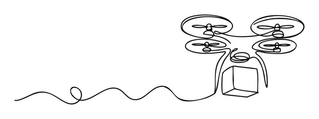 Single line drawing of a drone delivering a package connected by a flowing wire, representing modern logistics and delivery services for ecommerce and supply chain innovation.
