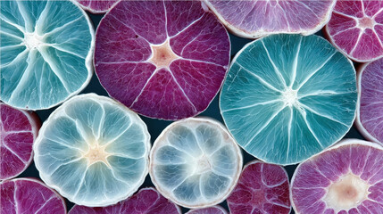 Slices of citrus fruits in vibrant purple and teal colors create striking geometric pattern. close up view highlights intricate textures and vivid hues, evoking sense of freshness and creativity