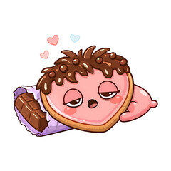 Sleepy Heart Cookie with Chocolate Drizzle and Candy Bar Cute Valentine Cartoon Illustration PNG