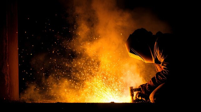 Welder working in a dark industrial setting with bright sparks flying. - Powered by Adobe