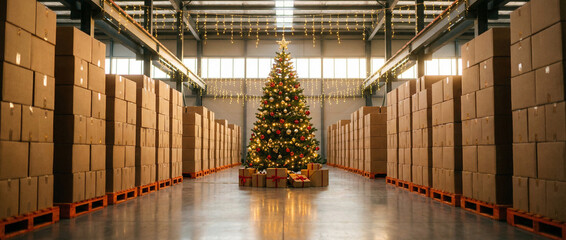 Naklejka premium Festive Christmas logistics warehouse with decorated tree and parcels