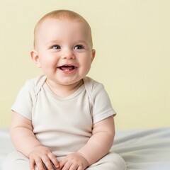 Happy Smiling Baby Sitting on Floor with Copy Space, Clean Studio Background