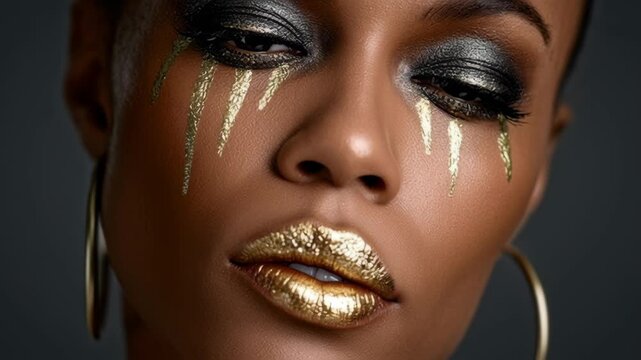 Close-up of a woman with dramatic makeup featuring gold accents and black eyeliner, showcasing the artistic application of cosmetics and the emotional expression of beauty