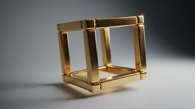 Golden wireframe cube rotating, abstract geometric 3D structure