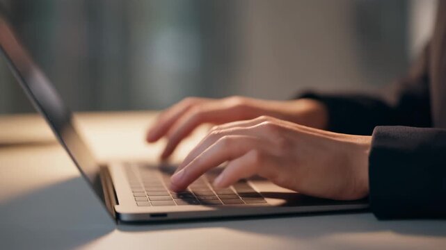 Sequence of a professional employee's hands typing on a laptop keyboard. A business person working on a computer at a desk. Corporate technology and communication concept