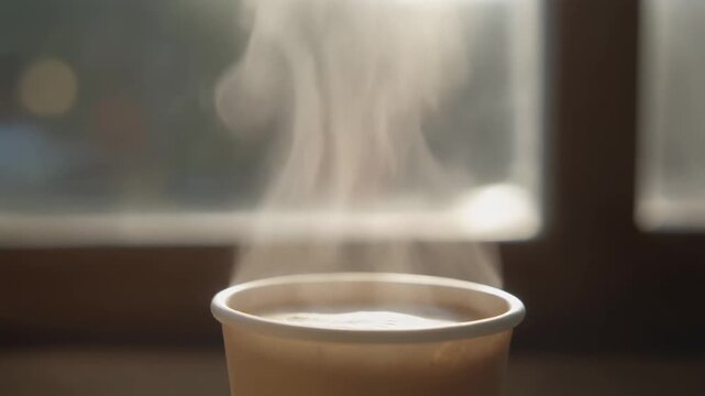 A hot beverage steaming in a takeaway paper cup by a sunlit window. Sequence shows rising vapor from a morning coffee or tea. Cozy and warm concept for a cafe or break time