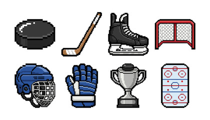 Hockey equipment pixel style icon set, puck skates stick goal
