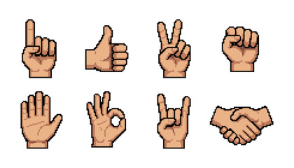 Hand gestures pixel style icon set, thumbs up peace handshake