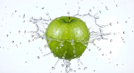 A dynamic macro shot of fresh water splashing onto a vibrant green apple, freezing the motion of droplets to emphasize freshness and hygiene.
