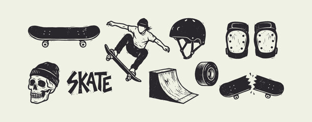 Grunge Skateboard Vector Set: Skater, Skull, Helmet, and Broken Deck Illustrations Collection © Ghaghah24