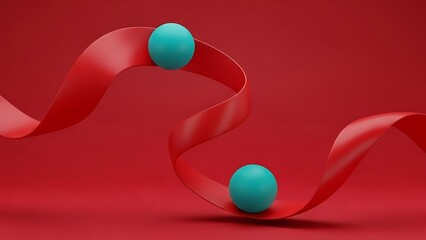 Abstract 3D render showcasing movement and balance with a vibrant red ribbon and teal spheres against a seamless red background for design concepts