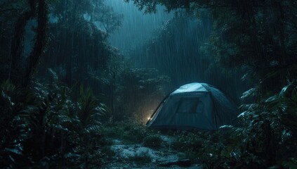 Rainy jungle night, tent lit by lamp