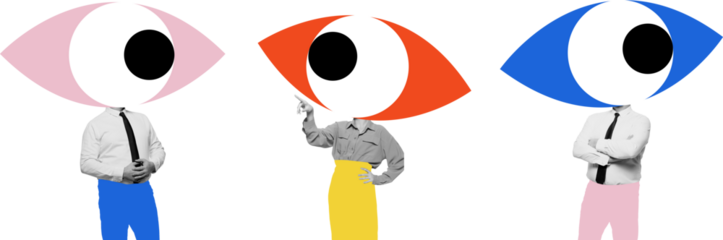 Bold mixed media of business professionals with symbolic eyes on transparent background. Concept of shared vision, corporate alignment, leadership roles and team awareness in business communication.