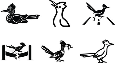 Roadrunner head profile and full body vector set showing crested feathers and long tails in black silhouette forms.