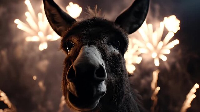 A dramatic close-up of a dark donkey's face and large ears, staring intently at the camera, backlit by brilliant, golden fireworks exploding in the dark night sky.