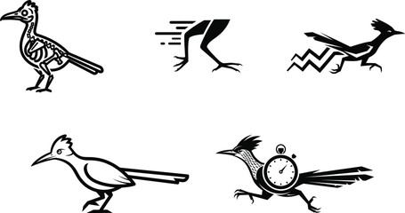 Stylized roadrunner graphics set containing cute minimal icons and detailed aggressive mascot heads for versatile branding identity packs.