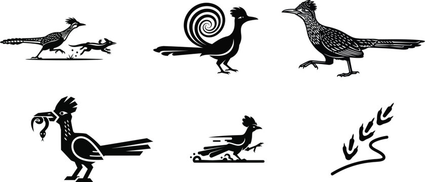 High contrast black roadrunner bird clip art collection with isolated white backgrounds for easy integration into digital projects.