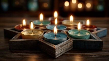 Tealight candles arranged in star shape on dark wooden table with warm glowing flames and subtle accents
